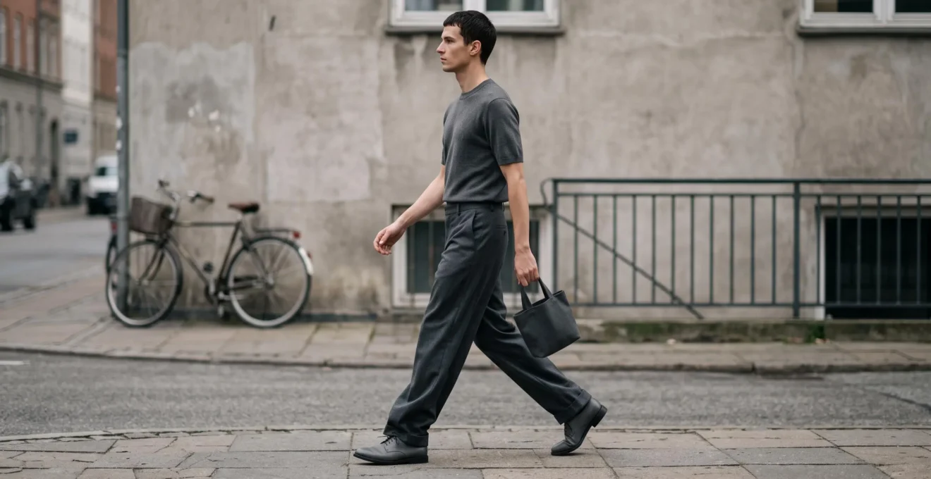 A man walking on a city sidewalk wearing neutral grey wide-leg trousers and a tucked fitted top, showing contrasting proportions in a monochrome outfit.