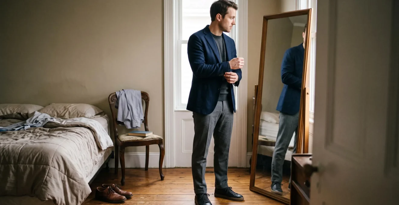 A man adjusts the cuff of a navy blazer over a dark knit and grey trousers while checking his outfit in a bedroom mirror.