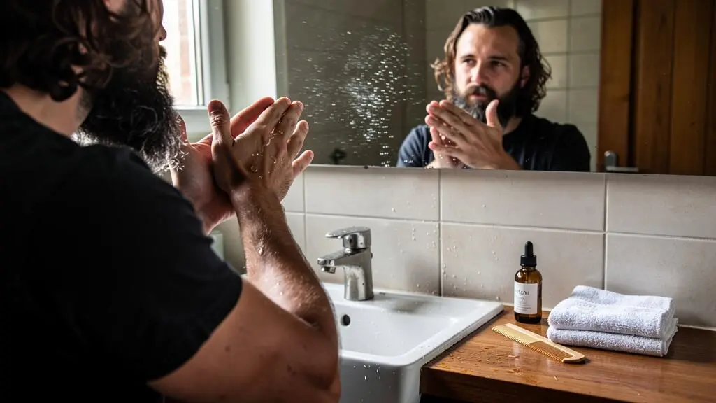 A man applying beard oil between his palms at a bathroom mirror, working the drops into his damp beard and the skin beneath, next to a dropper bottle and a comb on the counter.