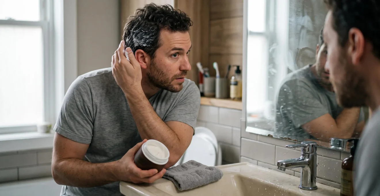 A man applying hair mask to the ends of his short hair at a bathroom sink with an open jar on the counter.