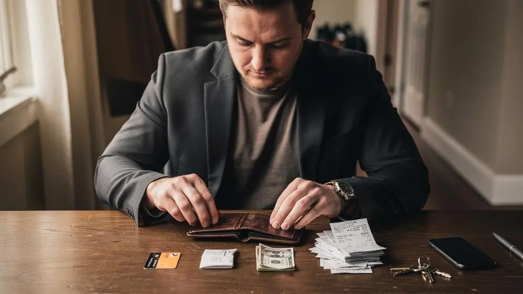 A man emptying his leather wallet at a table and sorting cards, cash and old receipts into separate piles.