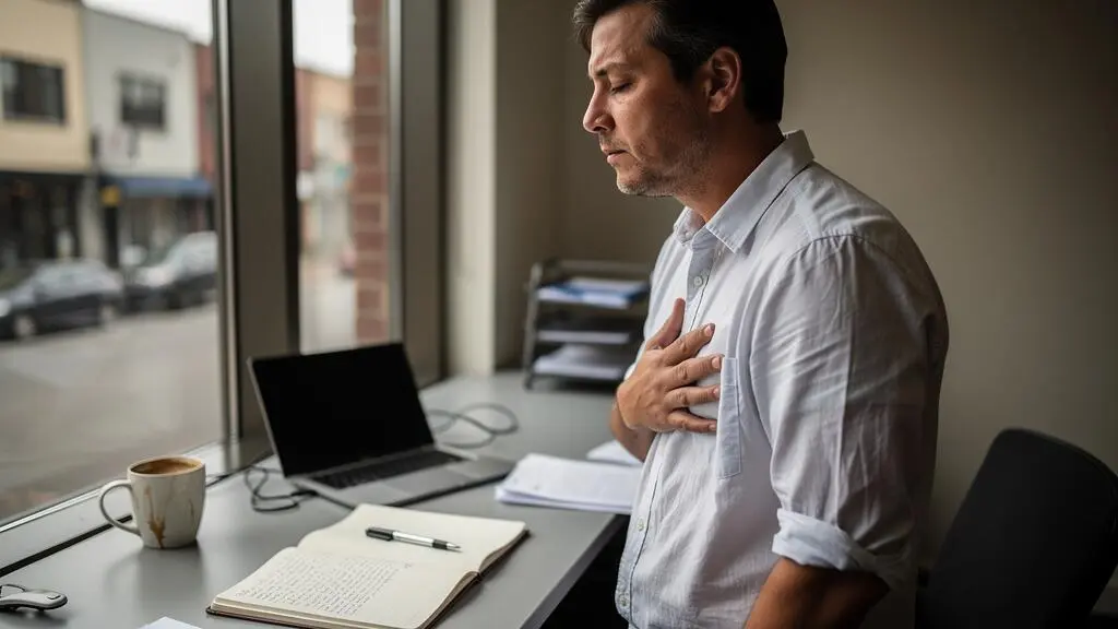 A man pausing by an office window with his eyes closed, breathing slowly during a short break between work tasks.