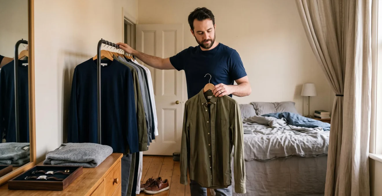 A man selecting a shirt from a small capsule wardrobe in a naturally lit bedroom during a calm morning routine.