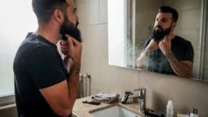 A bearded man traces his neckline with two fingertips while checking his reflection in a home bathroom mirror, a trimmer and comb on the counter.