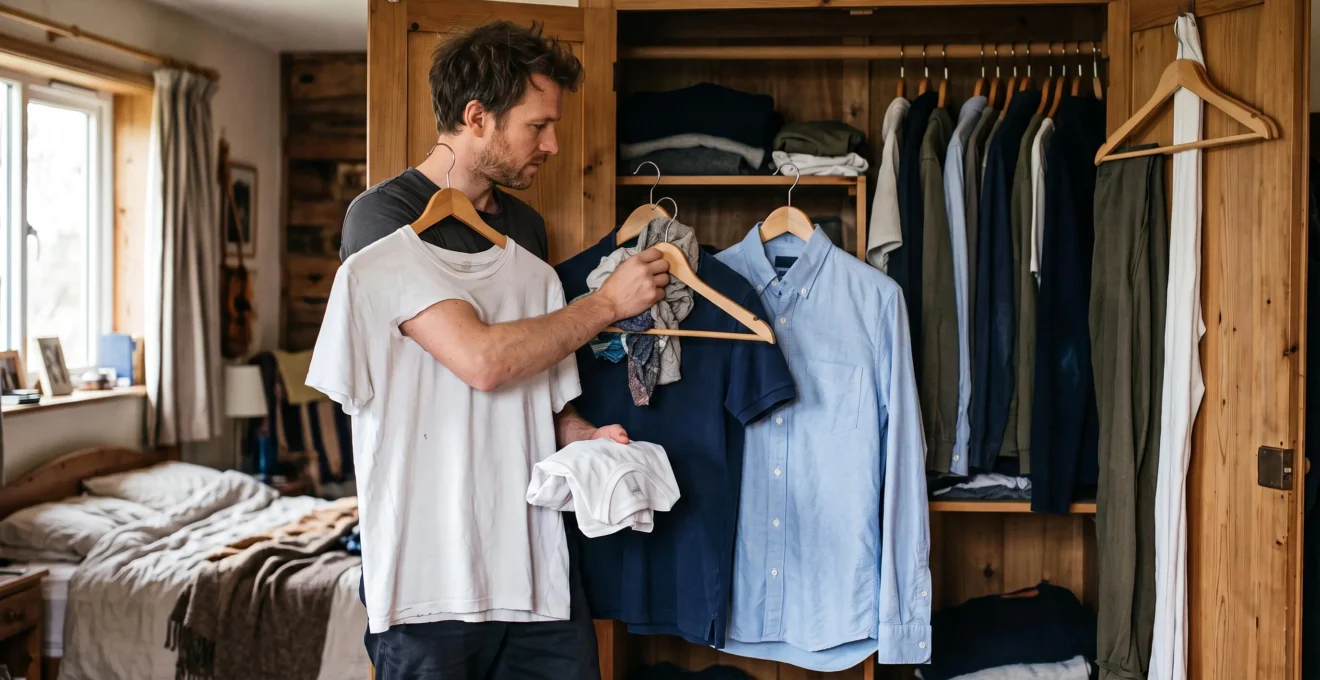 A man choosing between a T-shirt, a polo, a shirt and a knit sweater hanging in his wardrobe