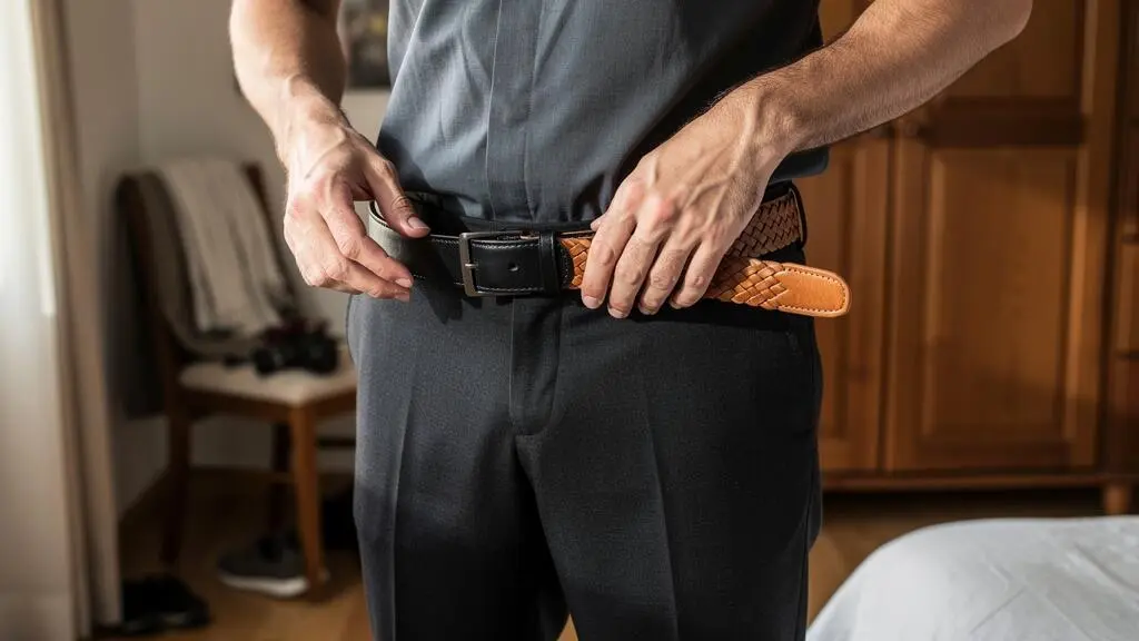 A man holding two different leather belts in front of his trousers to compare which one matches his outfit.