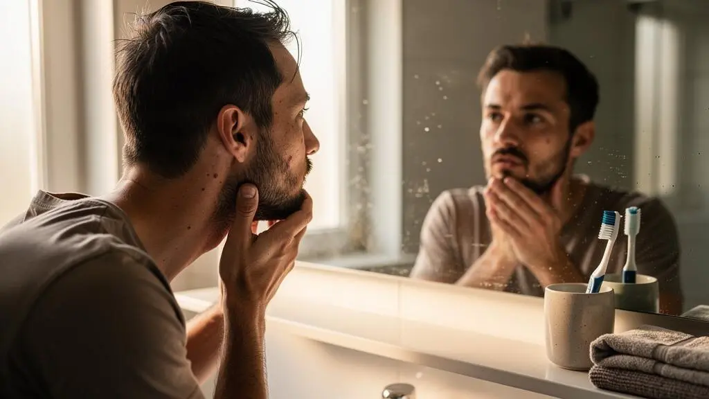 A man examining his five-day beard growth in a bathroom mirror under natural light, checking density along his jawline.
