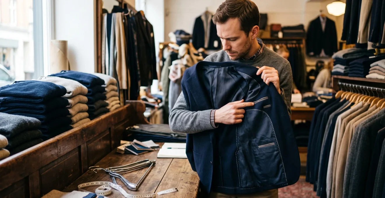 A man examines the inside seams and lining of a blazer jacket at a wooden bench in a menswear shop.