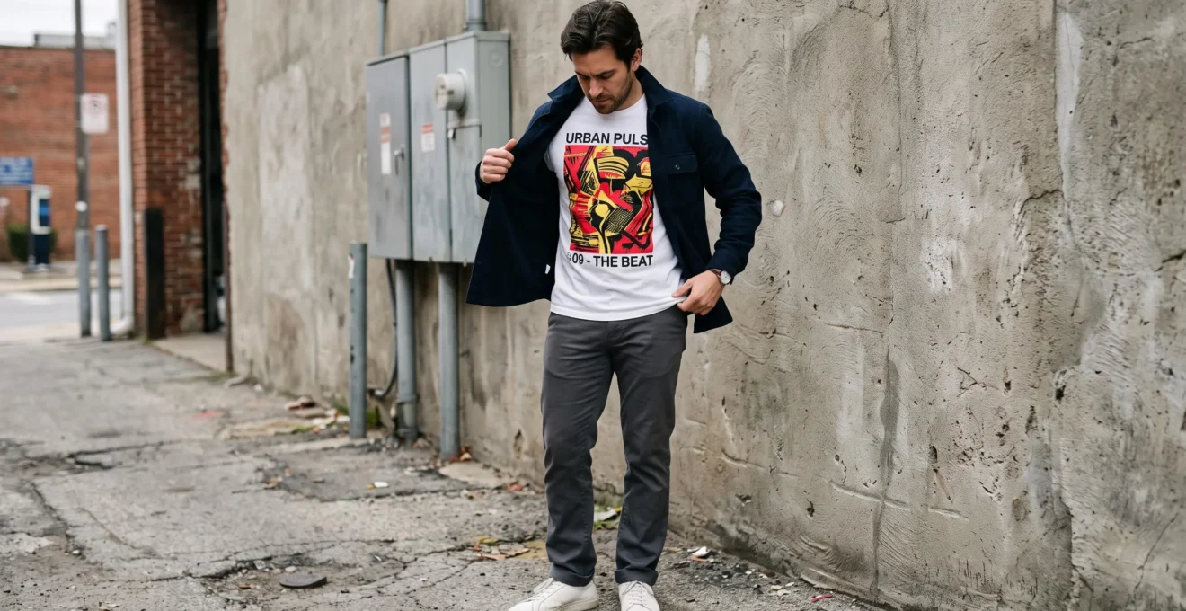A man opens a plain overshirt over a bold graphic t-shirt to show how the print becomes the focal point of the outfit.