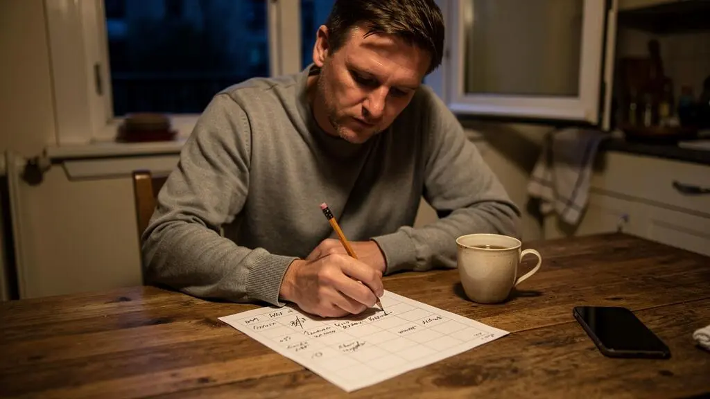 A man sits at a kitchen table in the evening, planning his week with a pencil on a paper weekly planner, his phone face down beside a mug of coffee.