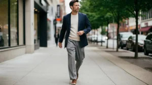 A man walks down a city street wearing a relaxed blazer, loose tapered trousers and simple sneakers in a balanced everyday outfit.