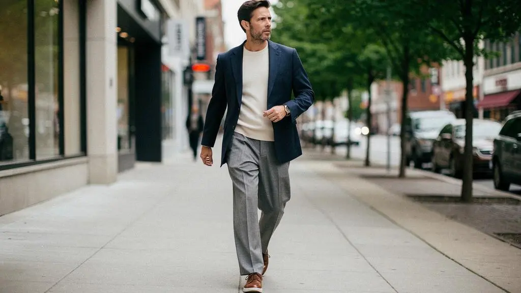 A man walks down a city street wearing a relaxed blazer, loose tapered trousers and simple sneakers in a balanced everyday outfit.
