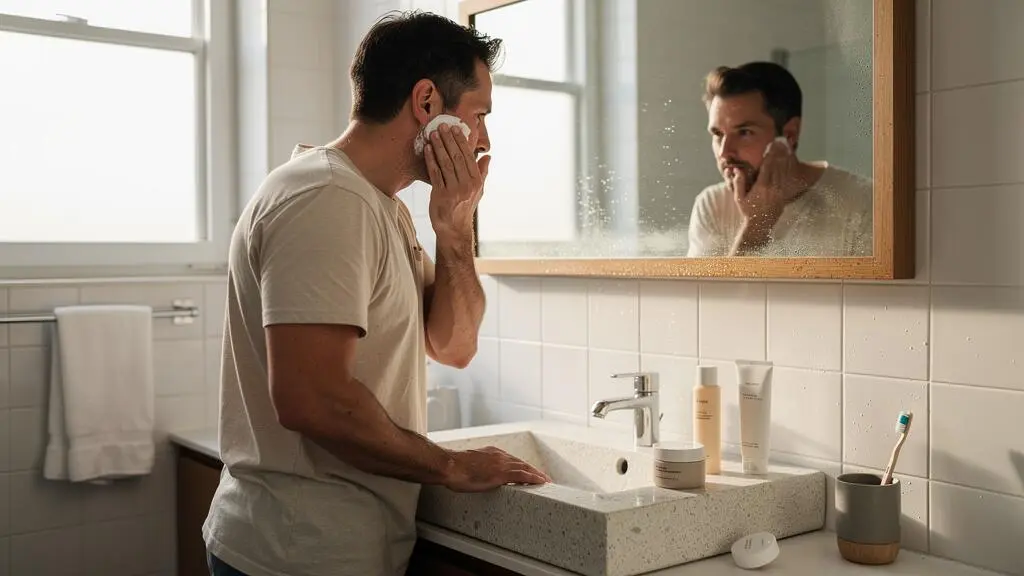 A man applies moisturiser at a bathroom sink with three skincare products lined up on the counter in morning light.