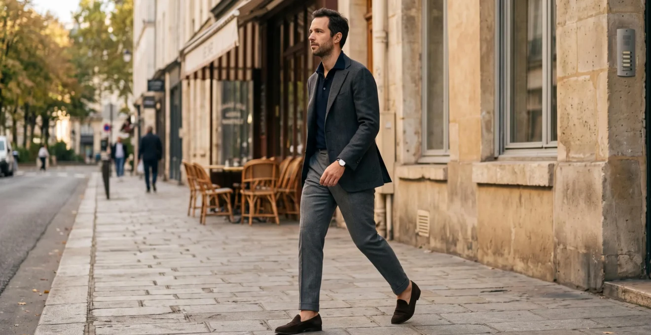 A man walking on a city sidewalk wearing an unstructured charcoal blazer, knit polo, tailored grey trousers and suede loafers.