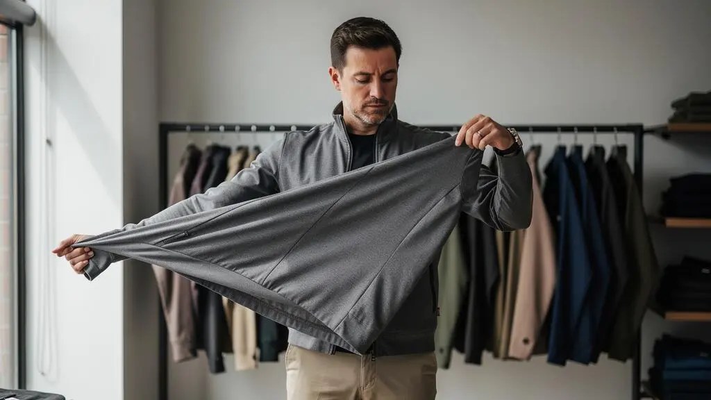A man stretches the fabric of a jacket in a clothing store to test how it recovers after being pulled.