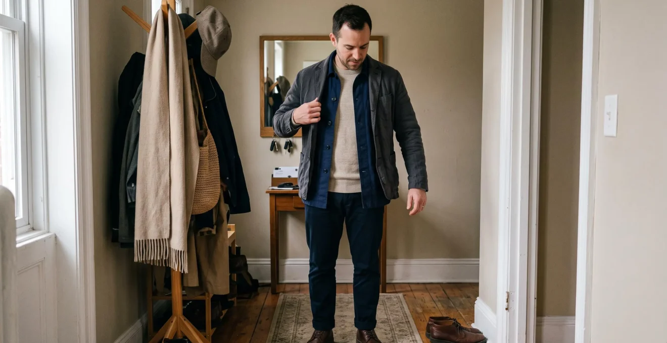 A man adjusts a lightweight jacket over an overshirt and fine-knit sweater, showing three layers stacked without visible bulk.
