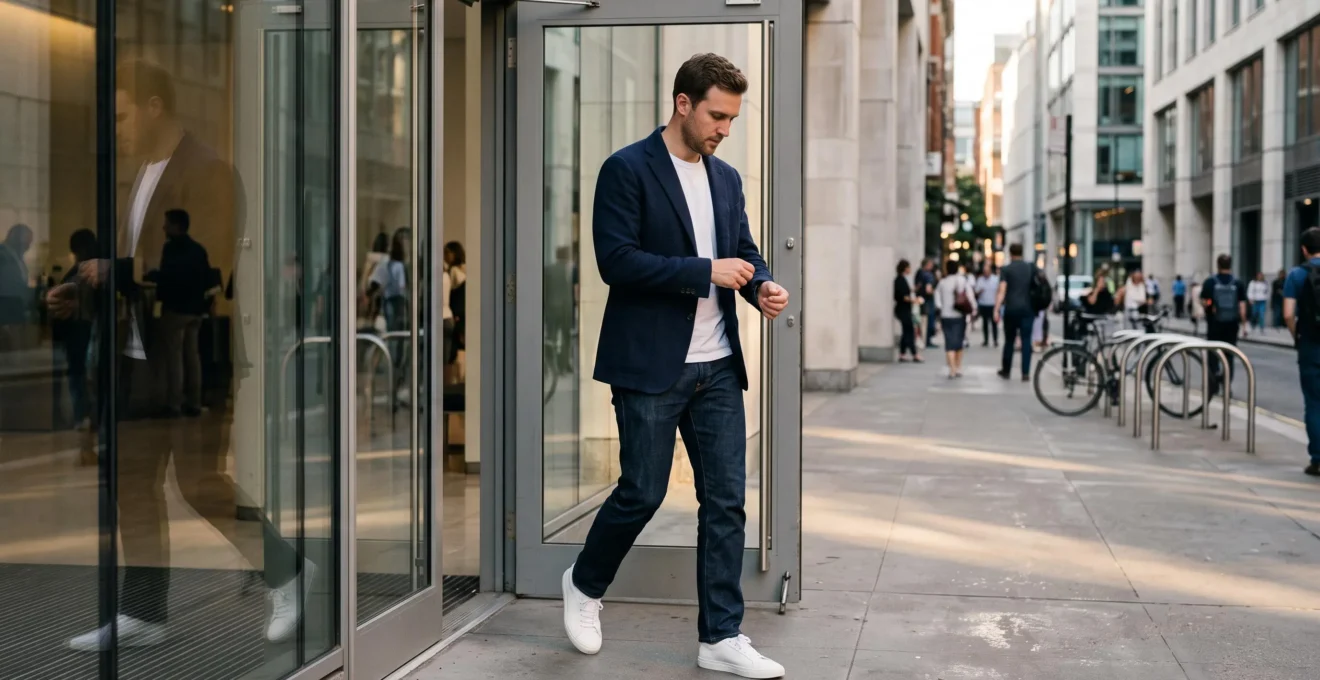 A man wearing an unstructured navy blazer, white t-shirt, dark jeans and white leather sneakers walking out of an office lobby onto a city street.