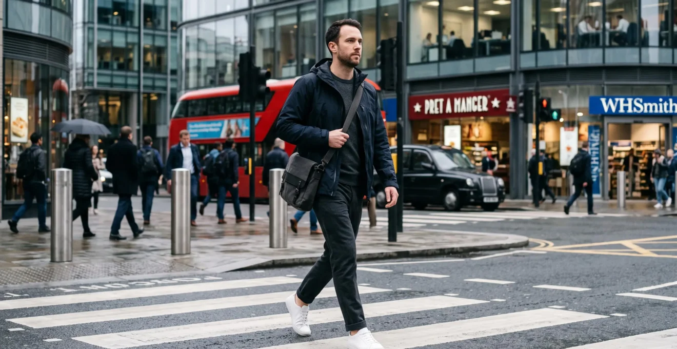 A man in a layered urban outfit with a matte technical jacket walks across a city street during his morning commute.