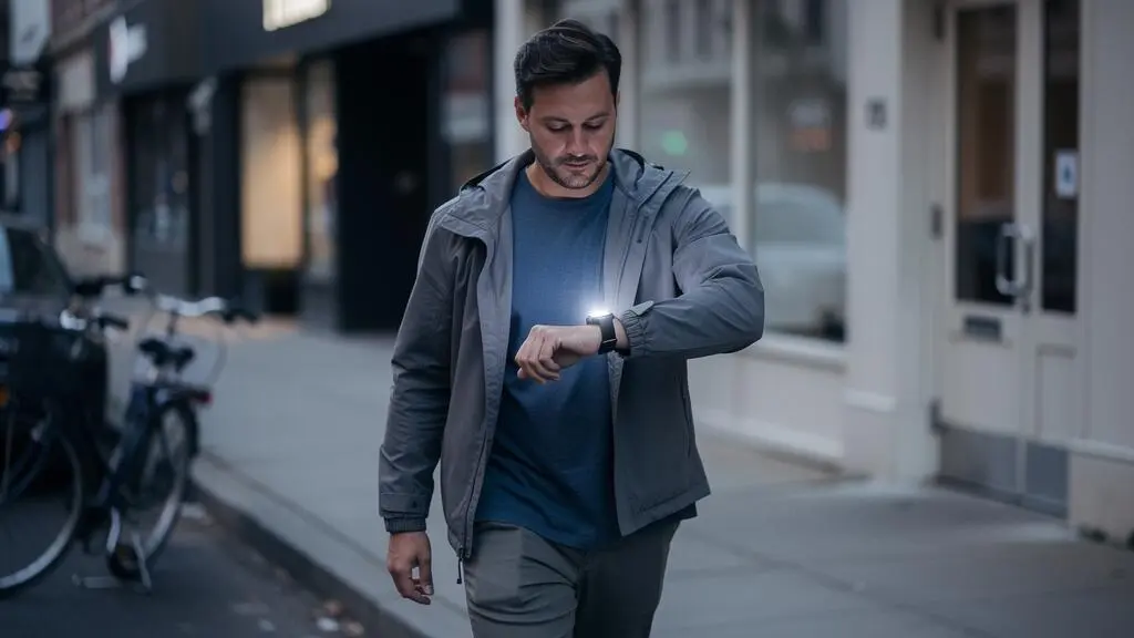 A man walks down a city sidewalk while briefly glancing at the fitness watch on his wrist.