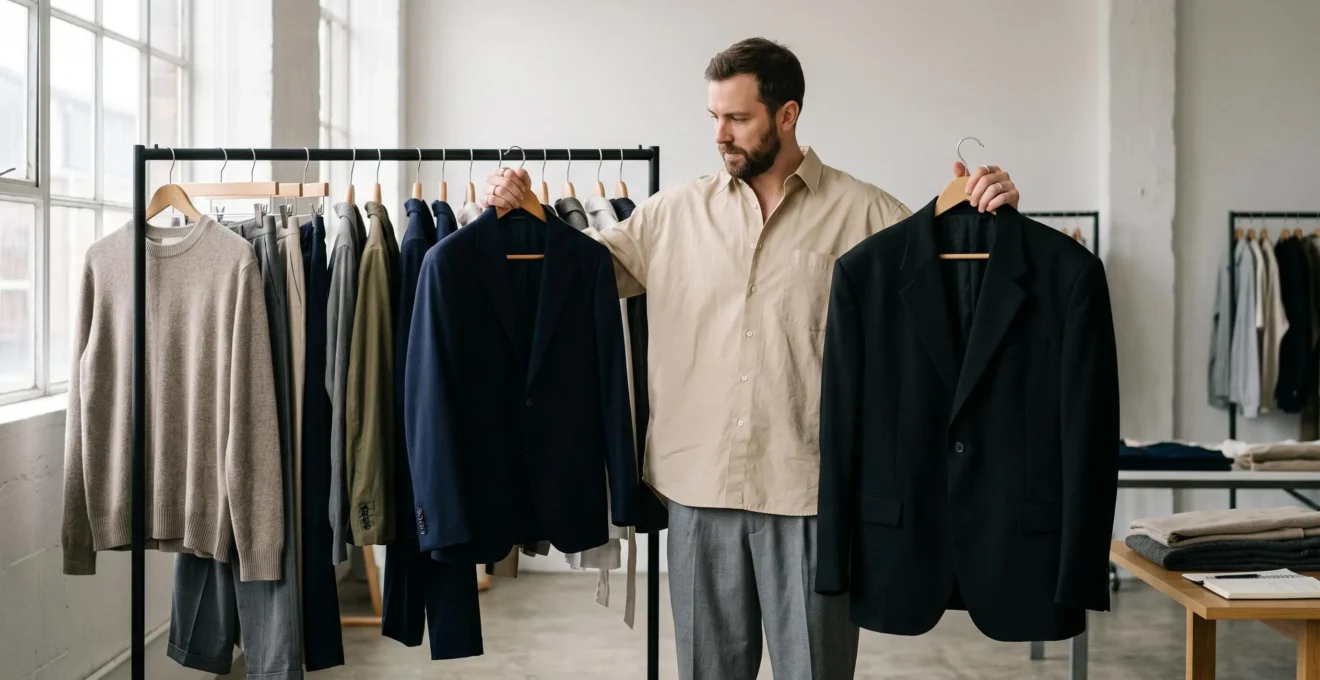 A man in a menswear showroom holds an oversized designer jacket beside a standard jacket to compare their proportions.