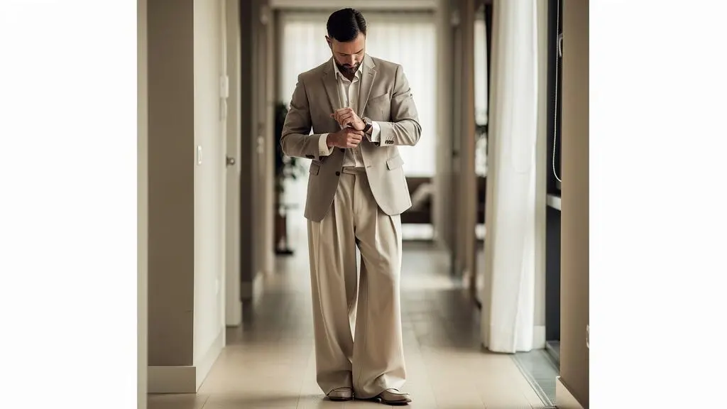 A man adjusts the cuff of his relaxed-fit shirt while wearing a structured blazer and loose wide trousers in a daylight hallway.
