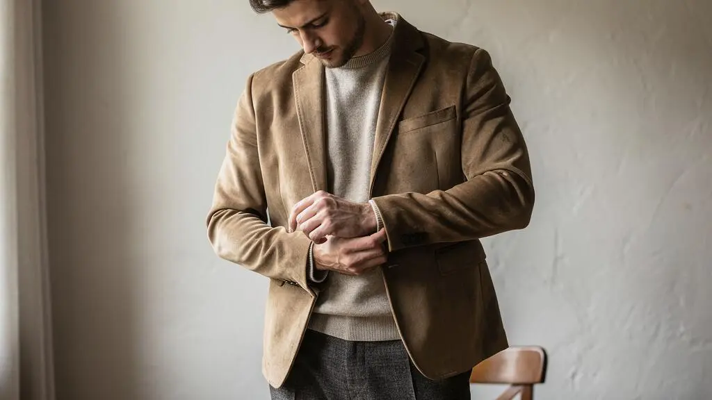 A man adjusting the cuff of a suede jacket layered over a merino knit and flannel trousers, showing contrasting fabric textures in natural window light.